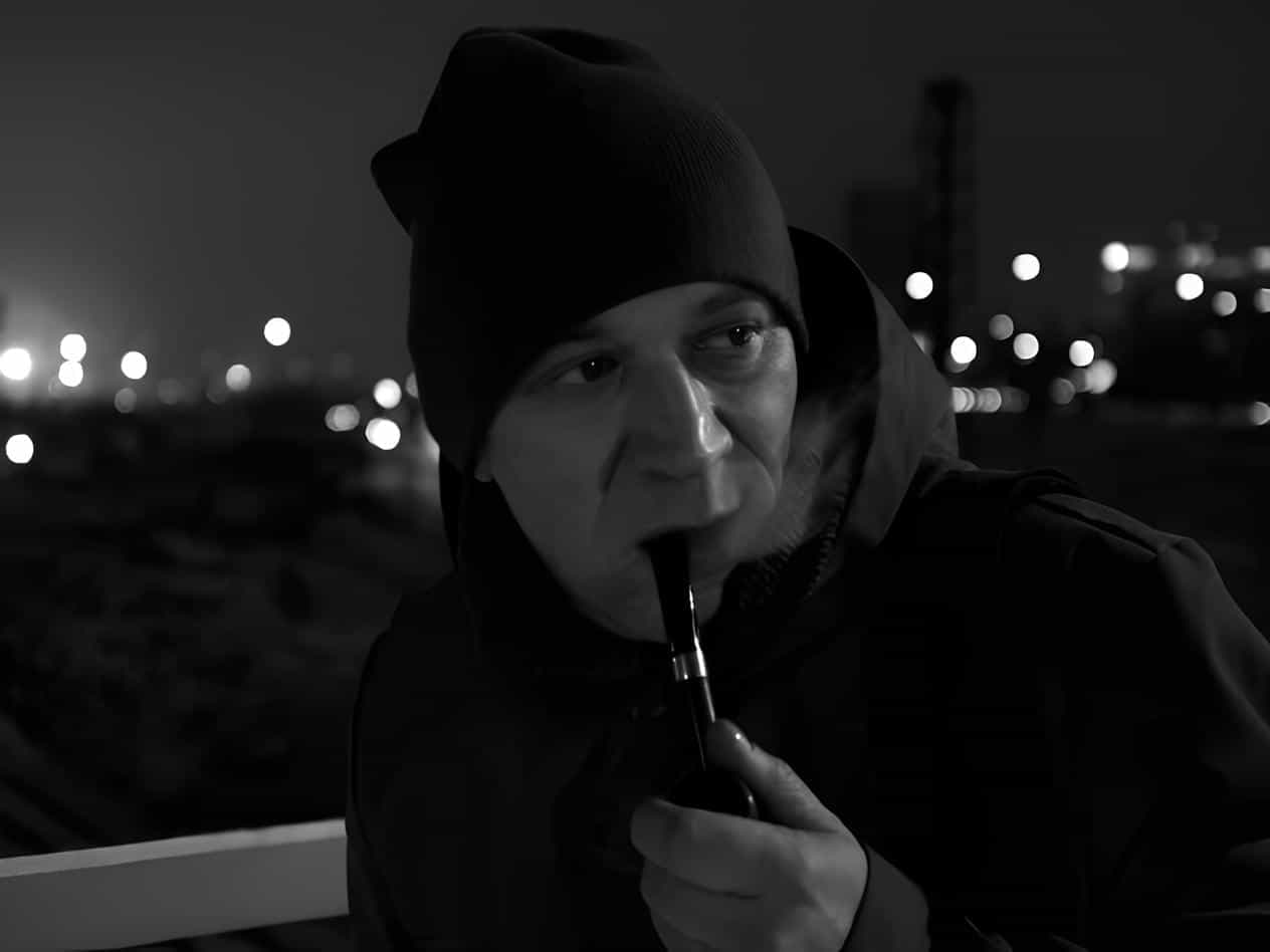 Мужчина в шапке смотрит вправо и курит трубку